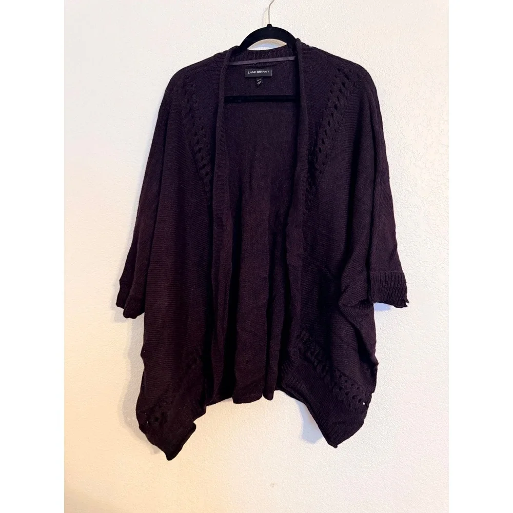 Lane Bryant Womens 26/28 Dark Purple Pointelle Knit Open Front Cardigan Sweater